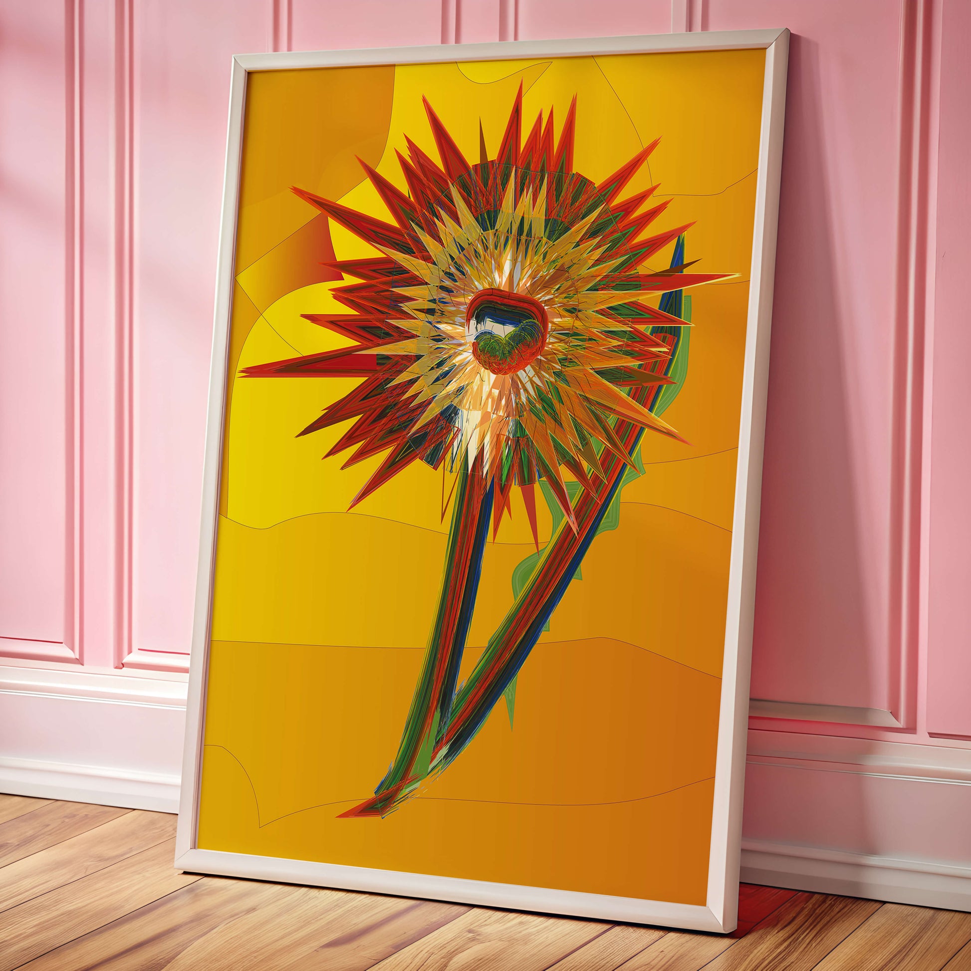 Abstract vibrant sunflower art with dynamic geometric shapes