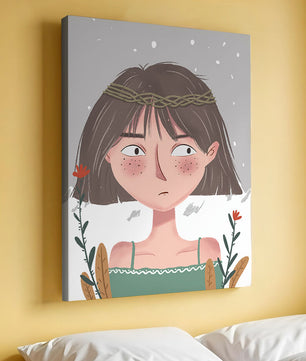 Illustrated girl with a braided crown, floral accents, and expressive features