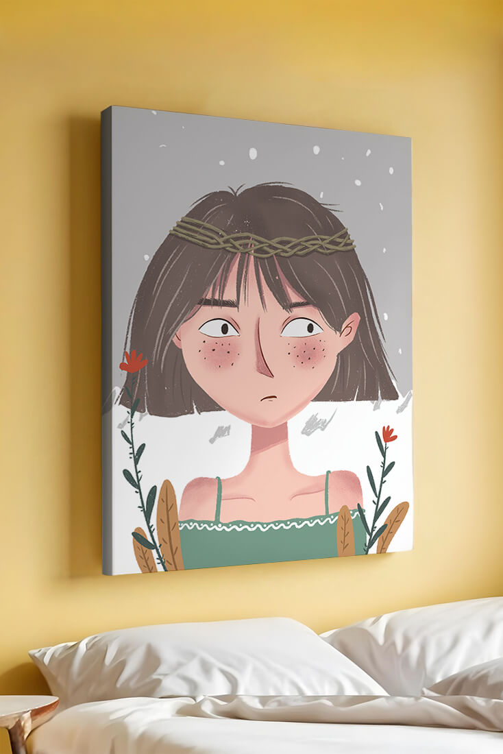 Illustrated girl with a braided crown, floral accents, and expressive features