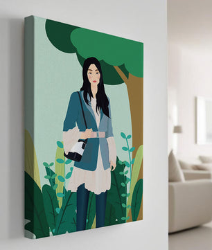 Illustrative portrait of a woman in a stylish outfit with nature backdrop