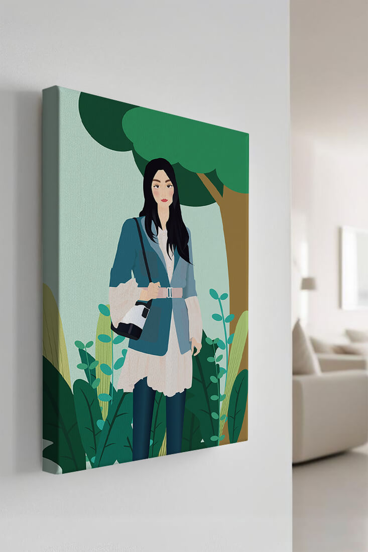 Illustrative portrait of a woman in a stylish outfit with nature backdrop