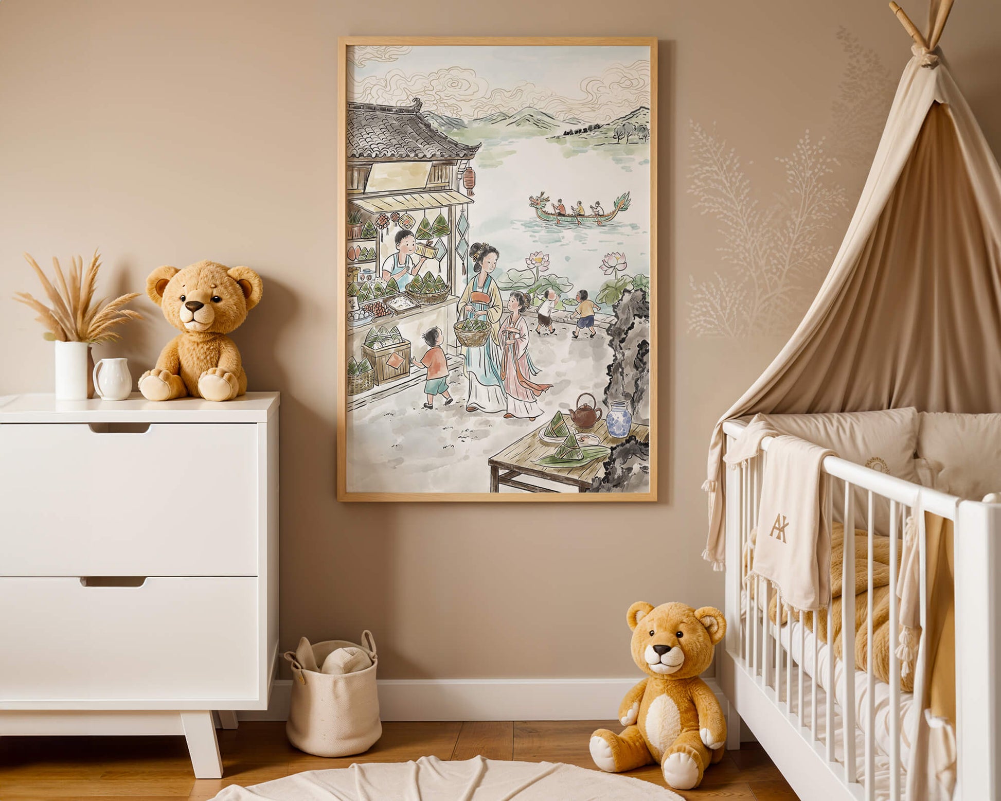 Escena tradicional del mercado chino con carreras de botes dragón