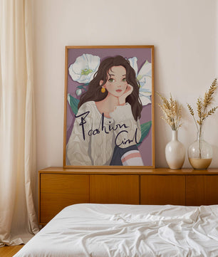 Illustrated fashion girl with floral background and purple theme