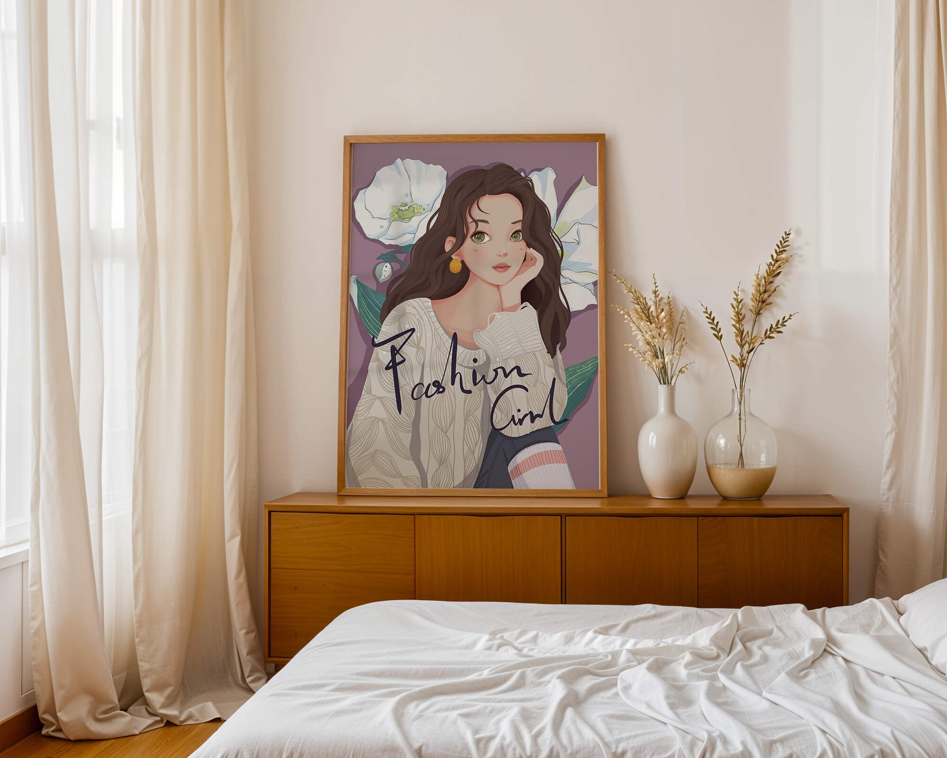 Illustrated fashion girl with floral background and purple theme