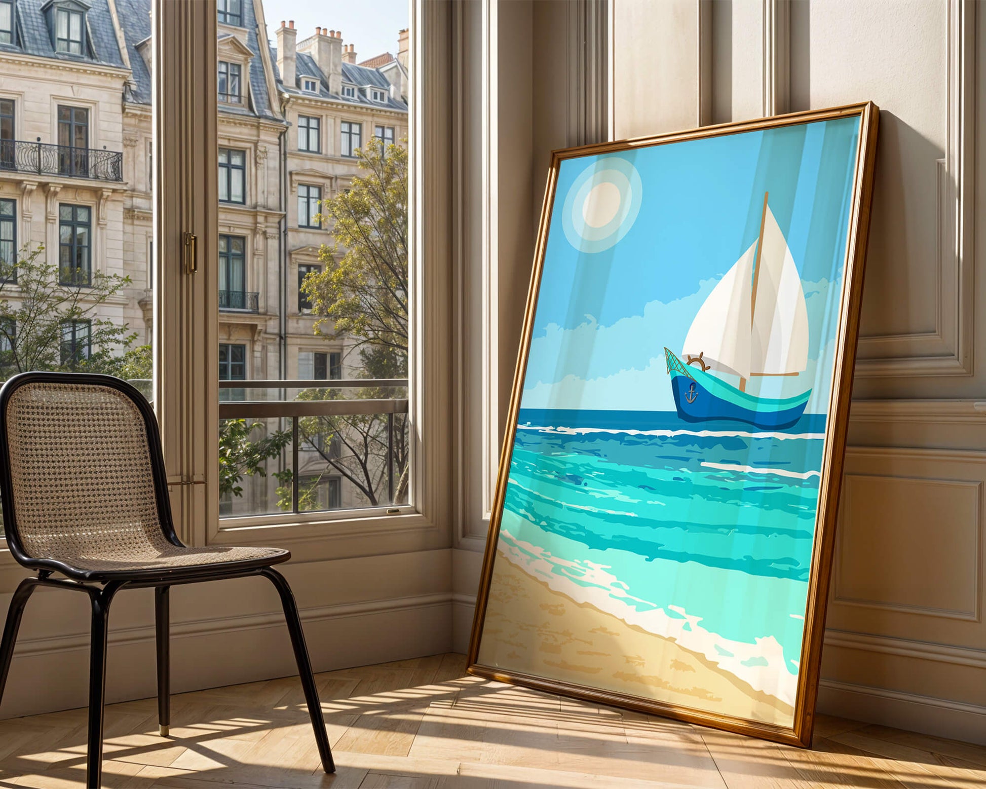 Serene ocean scenery with sailboat under the sun