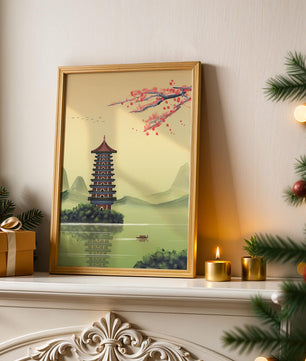 Serene landscape with traditional pagoda and blooming cherry blossoms