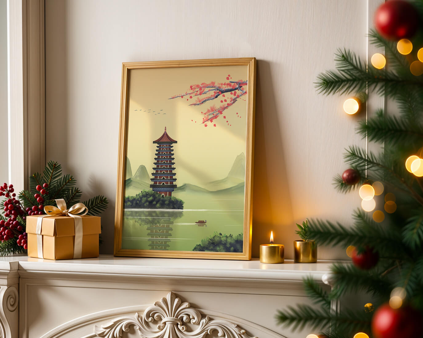Serene landscape with traditional pagoda and blooming cherry blossoms