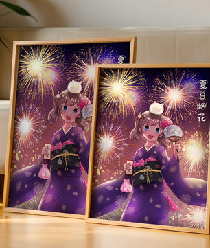 Girl in Yukata Celebrating Fireworks Festival with Cat and Fan