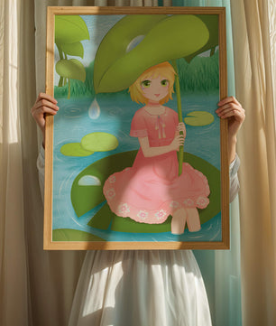 Whimsical Illustration of a Young Girl in a Pink Dress Sitting on a Lily Pad