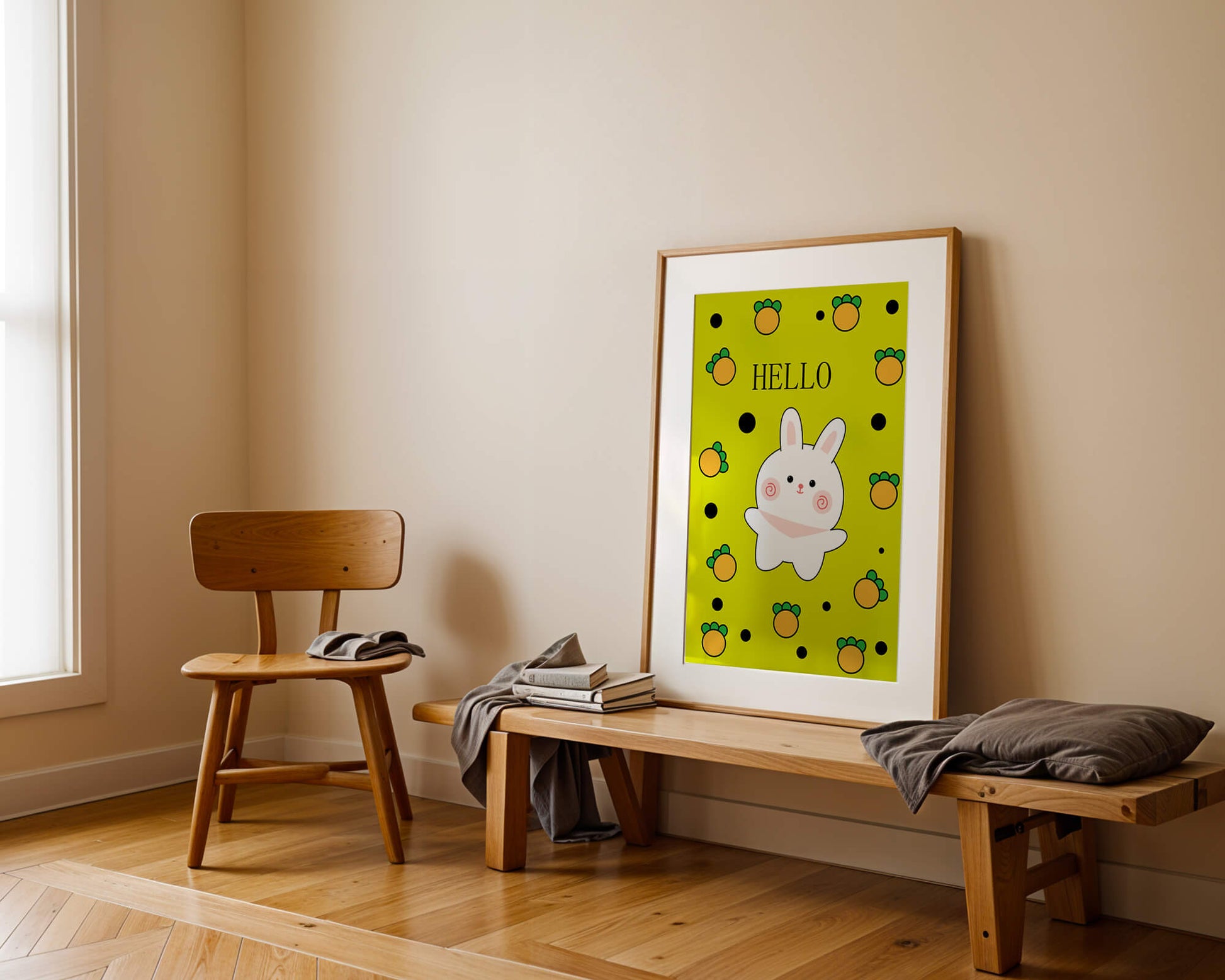 Charming rabbit cartoon illustration on yellow background with orange elements