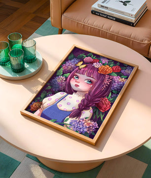 Illustration of a girl with floral crown surrounded by vibrant flowers