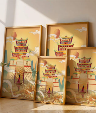 Ancient temple with serene landscape and vibrant colors artwork