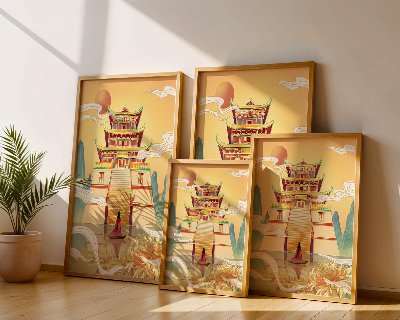 Ancient temple with serene landscape and vibrant colors artwork