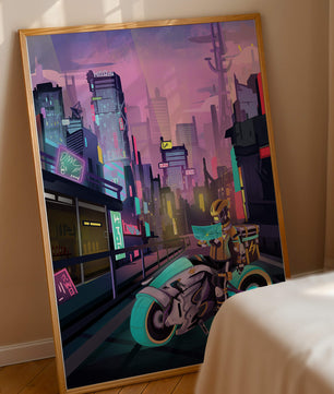Futuristic Cyberpunk Cityscape with Neon Rider and Motorcycle