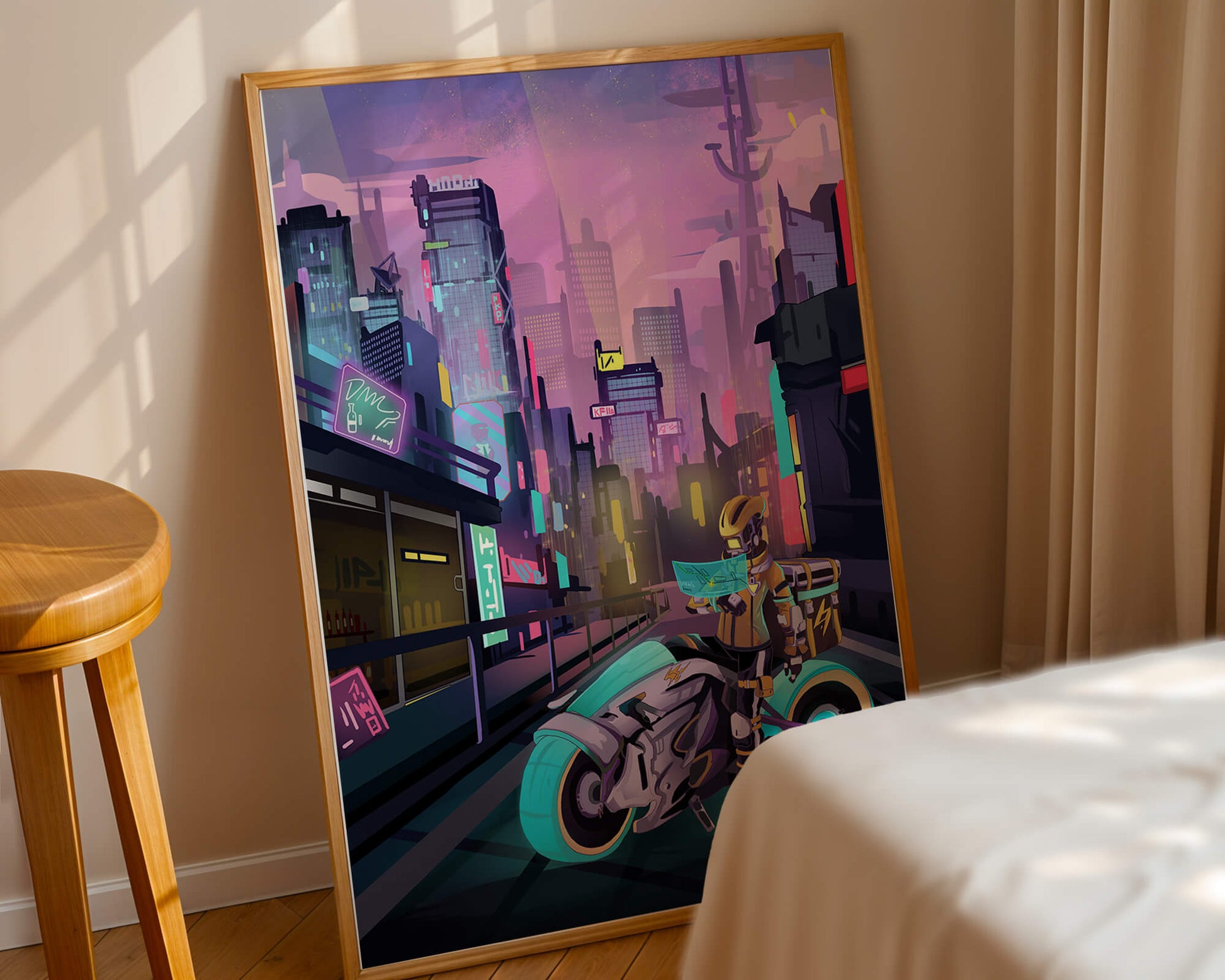 Futuristic Cyberpunk Cityscape with Neon Rider and Motorcycle