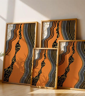 Artistic abstract design with wavy black lines and golden accents