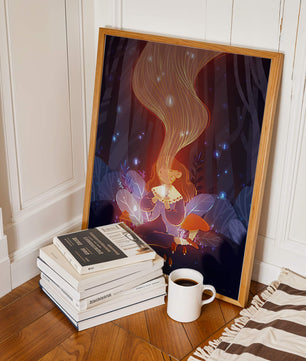 Magical forest scene with lantern and glowing hair