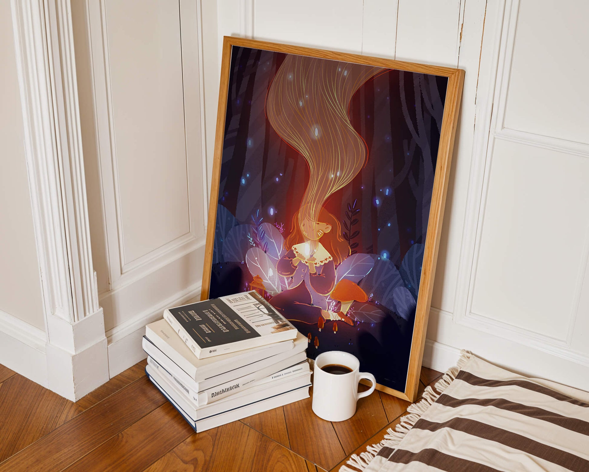Magical forest scene with lantern and glowing hair