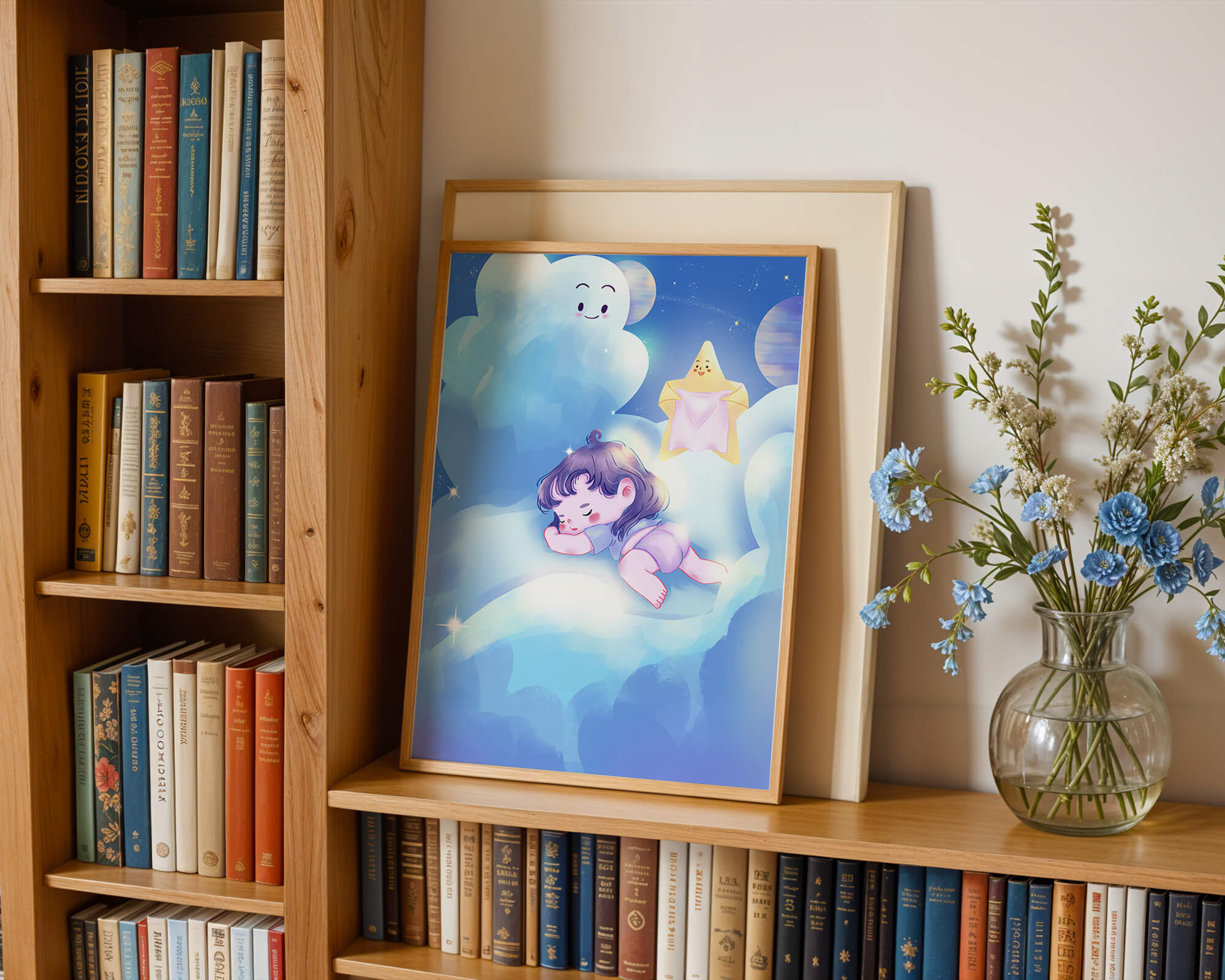 Dreamy illustration of sleeping child on clouds with smiling cloud and star
