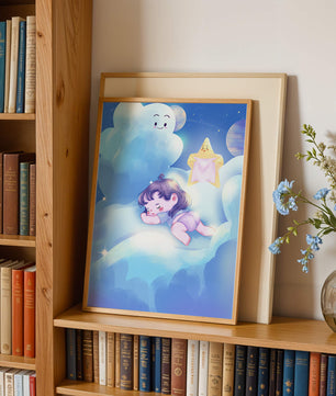 Dreamy illustration of sleeping child on clouds with smiling cloud and star