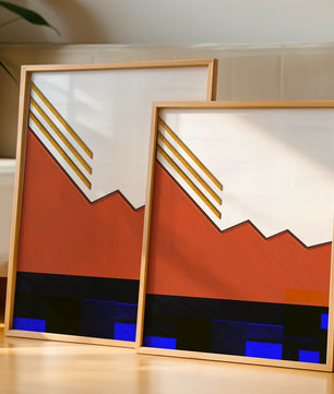 Abstrakte geometrische Komposition mit goldenen Akzenten und kräftigen Farben