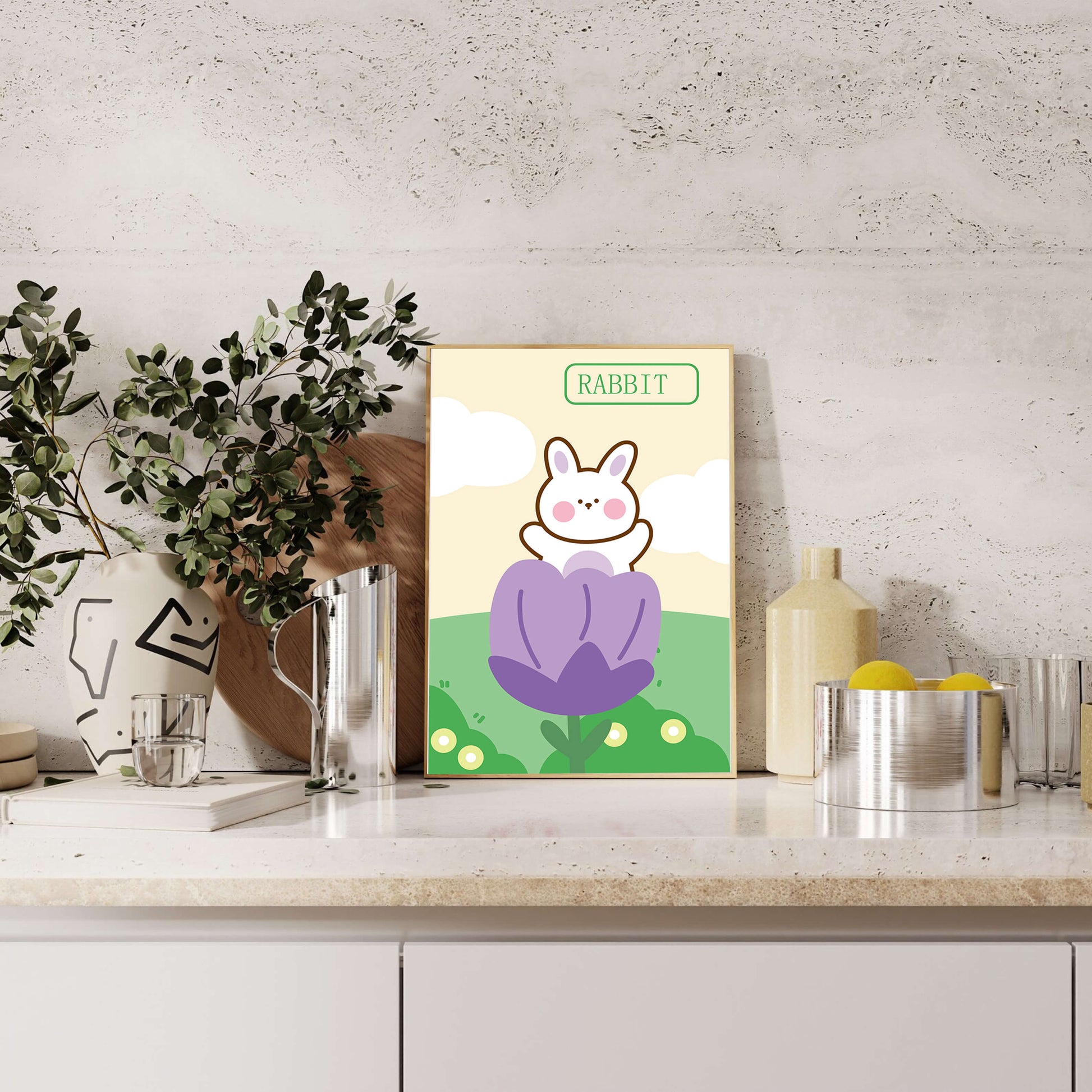 Ilustración caprichosa de un conejo adorable en una flor con colores pastel