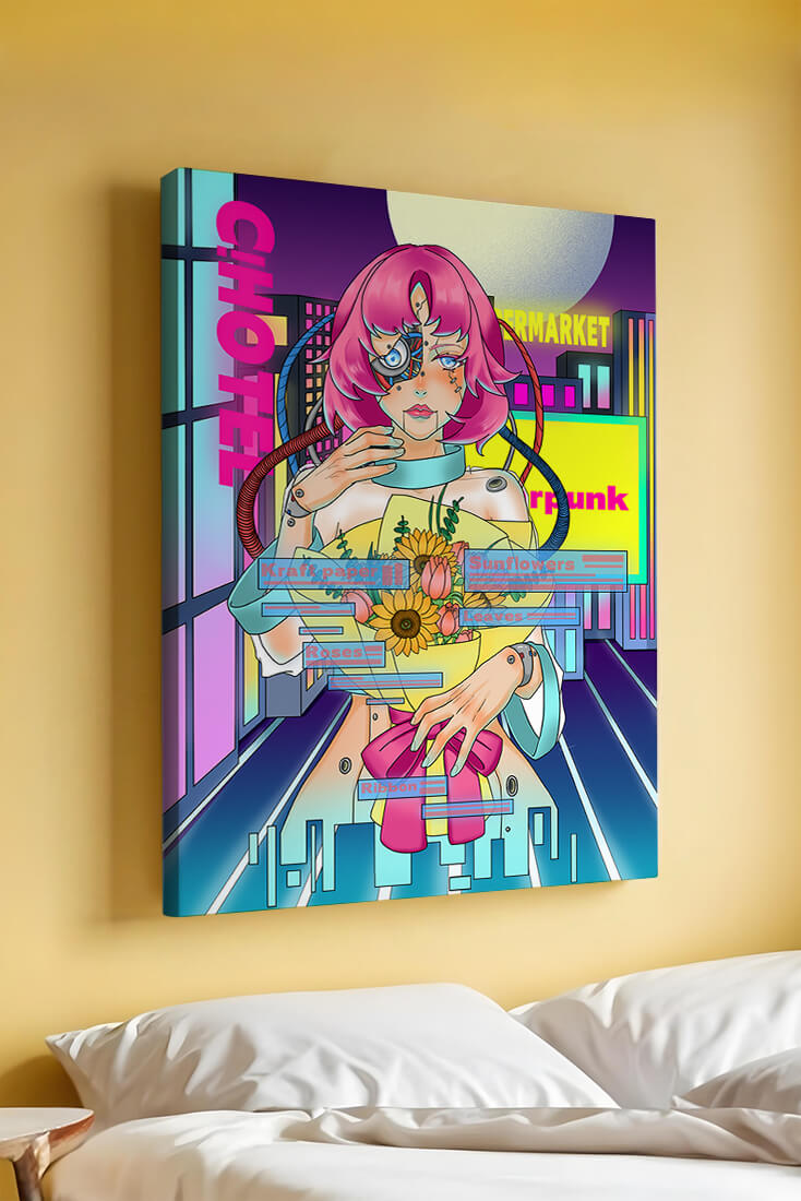 Futuristic cyberpunk woman with a bouquet of flowers in a neon cityscape
