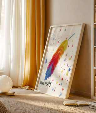 Colorful feather with inspirational message on abstract paint splatter background