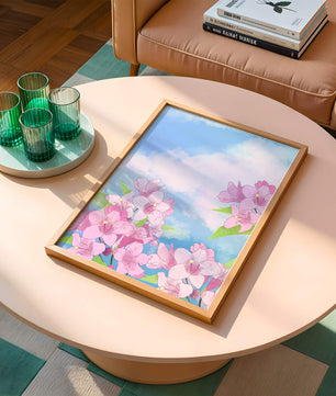 Ilustración de flores rosadas contra un cielo azul vibrante con nubes