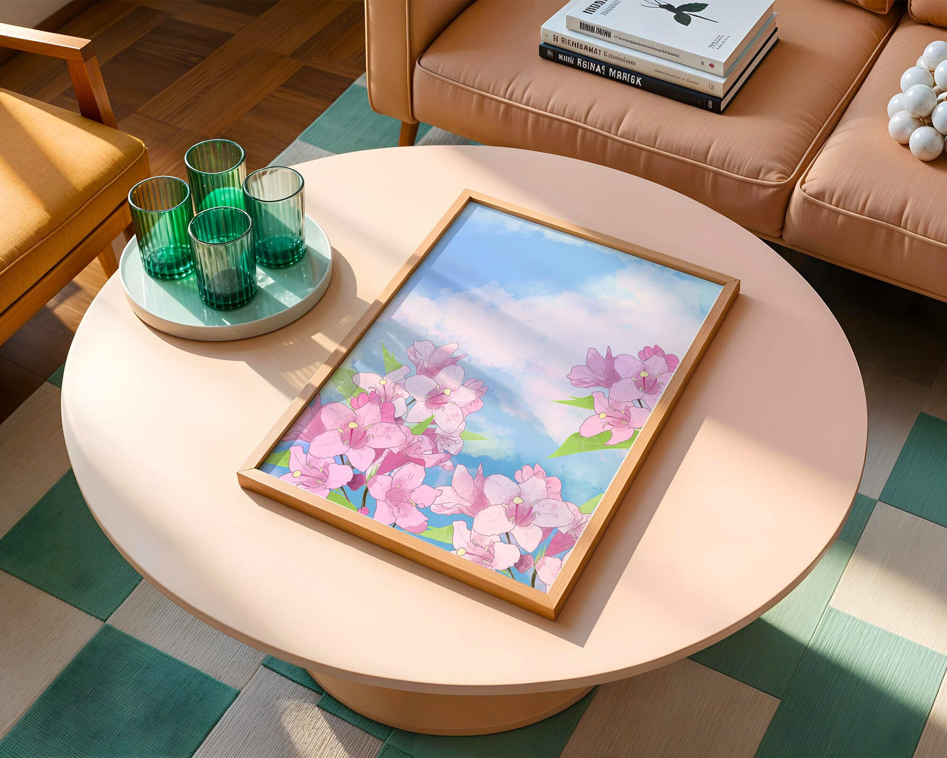 Ilustración de flores rosadas contra un cielo azul vibrante con nubes