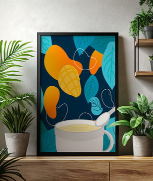 Ilustración colorida de mangos y hojas con una bebida cremosa