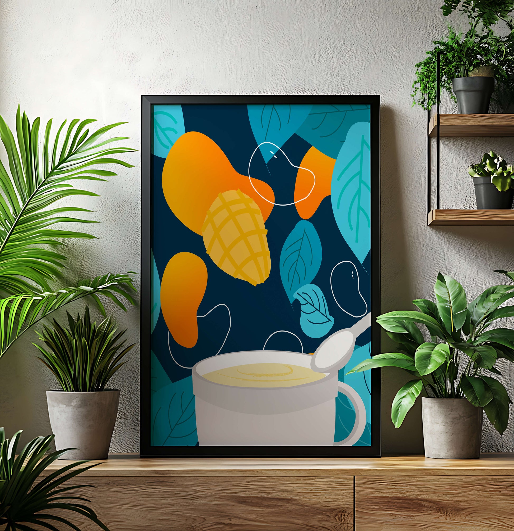 Ilustración colorida de mangos y hojas con una bebida cremosa