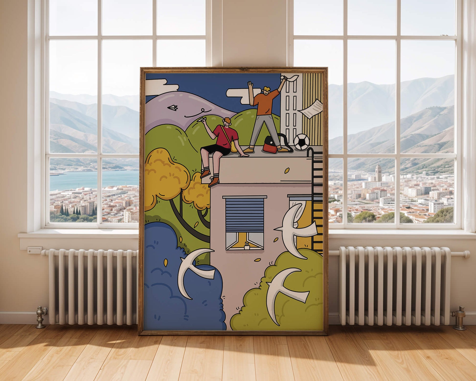 Youthful Adventure on Rooftop with Nature and Cityscape