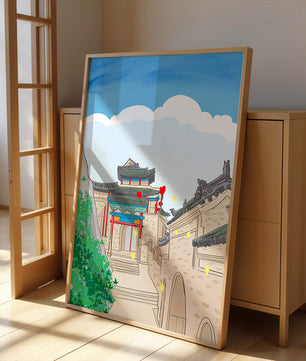 Arquitectura china tradicional con toques vibrantes y fondo escénico