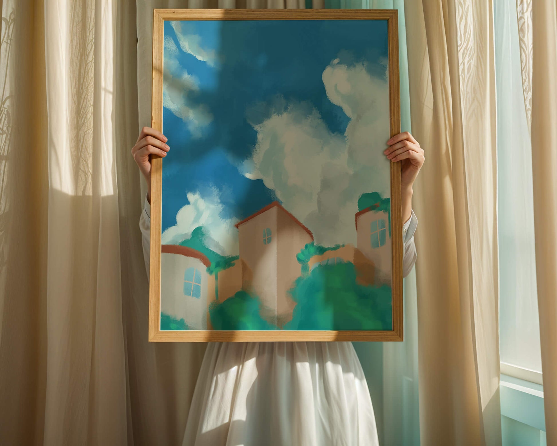 Serene landscape with houses and fluffy clouds against a blue sky