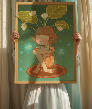 Ilustración de un niño con tocado floral y mariposas