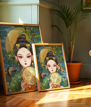 Elegante representación de una mujer con atuendo tradicional sosteniendo un abanico decorativo