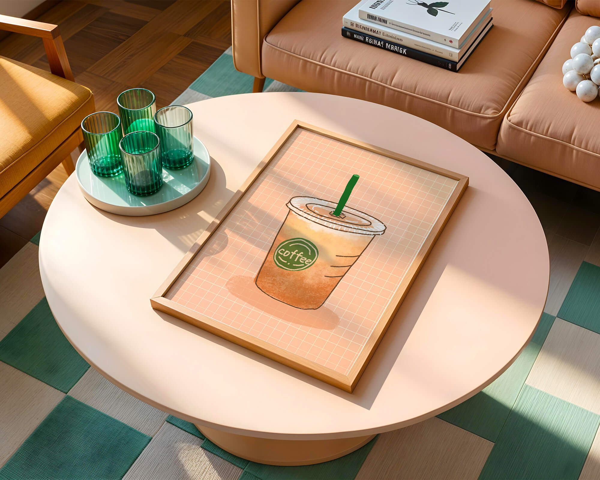Illustrated iced coffee cup on peach grid background