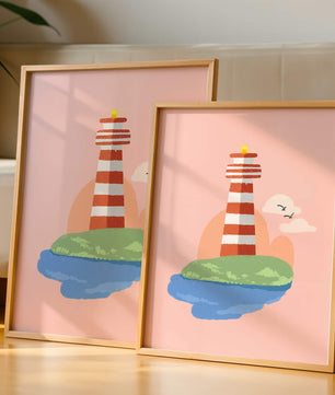 Ilustración encantadora de un faro con un entorno costero tranquilo