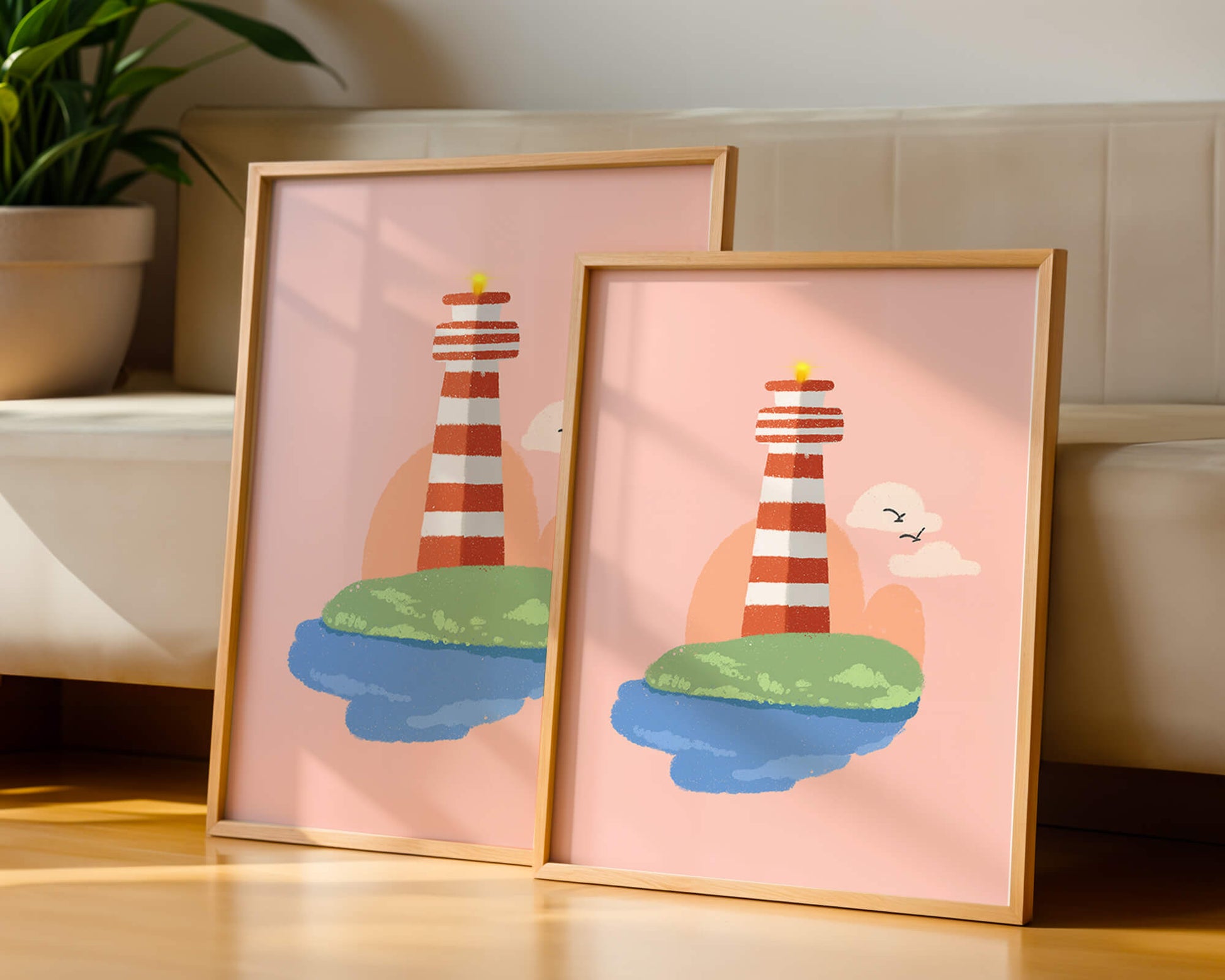 Ilustración encantadora de un faro con un entorno costero tranquilo