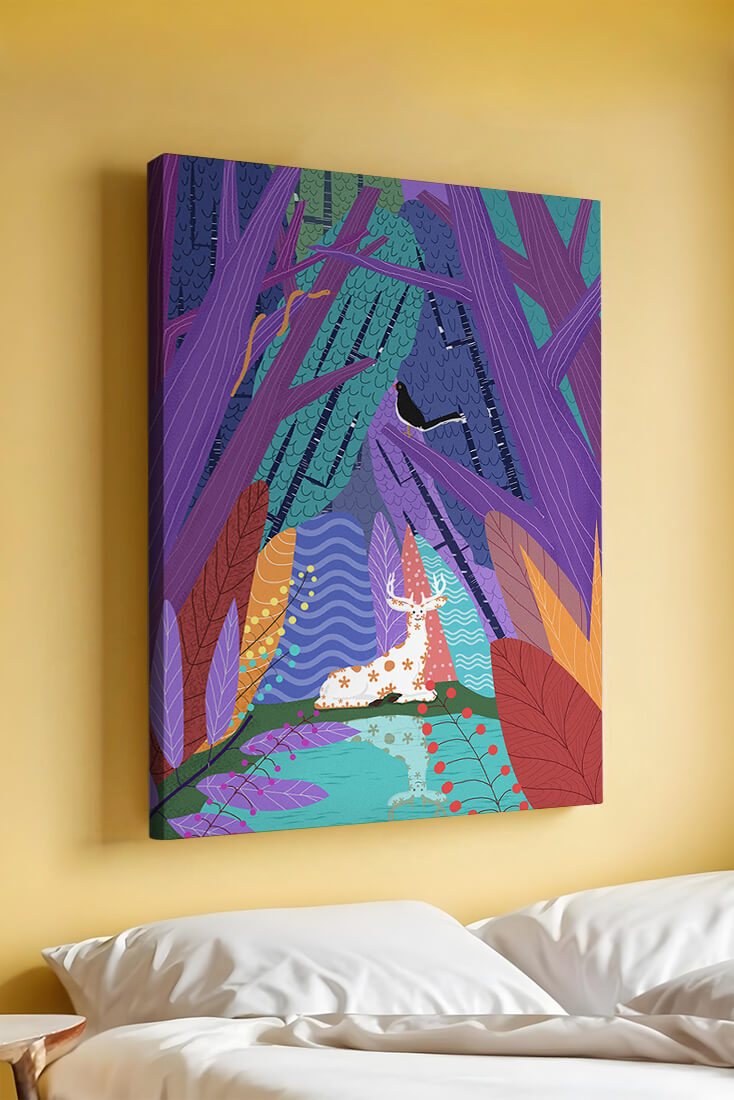 Colorful forest scene with deer and bird under vibrant foliage