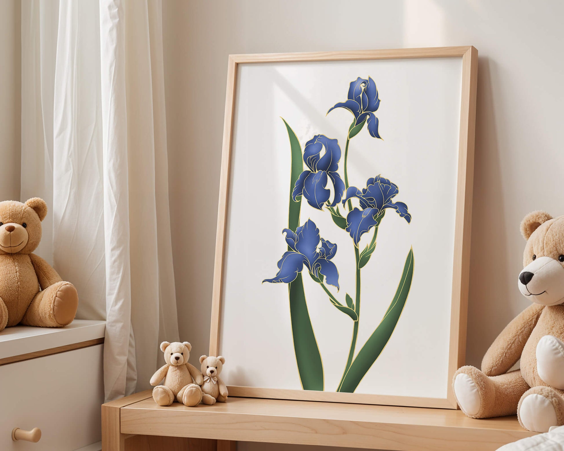 Flores de lirio azul elegantes con acentos dorados sobre un fondo blanco
