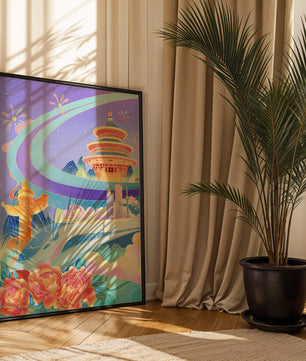 Colorful futuristic landscape with traditional Chinese architecture and high-speed train