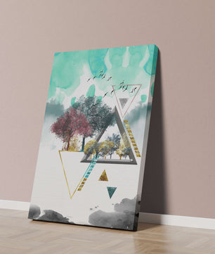 Abstract Geometric Landscape with Vibrant Trees and Birds - Mi tienda