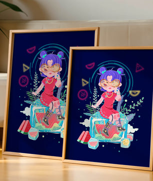 Personnage de dessin animé coloré avec des éléments futuristes