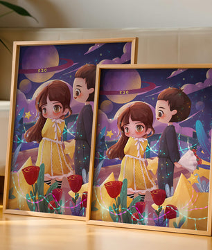 Ilustración de pareja romántica con estrellas y rosas en un entorno nocturno mágico