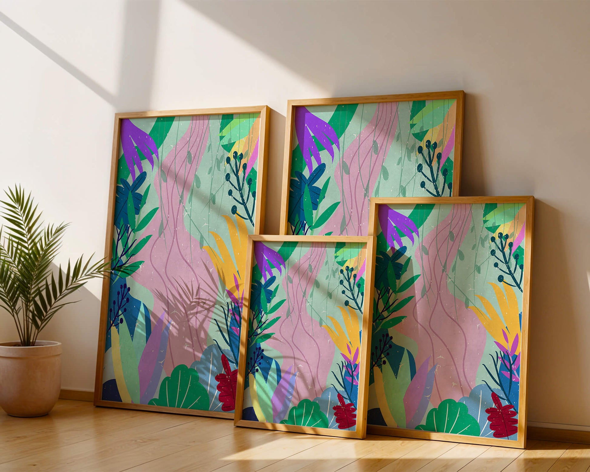 Abstract Botanic Composition with Vibrant Leaves and Shapes