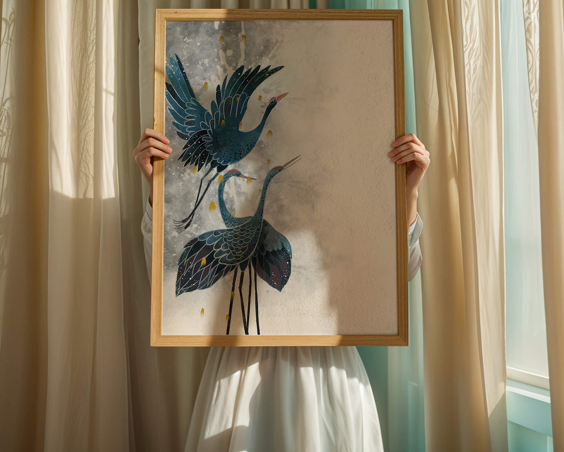 Elegante blaue Kraniche vor einem ruhigen abstrakten Hintergrund mit goldenen Akzenten