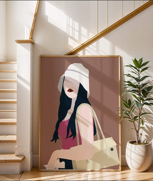 Ilustración elegante de una mujer con sombrero de cubo y ropa casual