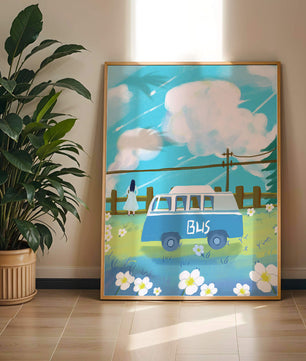 Ilustración escénica con autobús azul y prado en flor